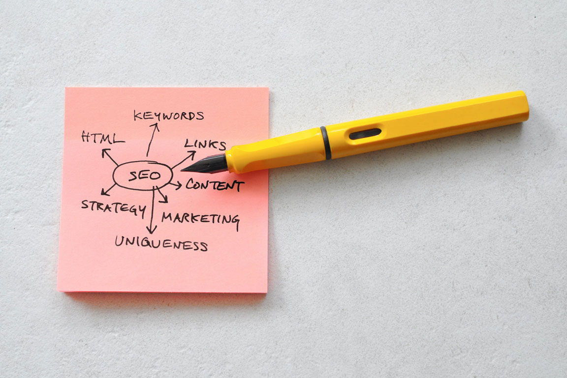 SEO tactics on a mind map on a post-it note